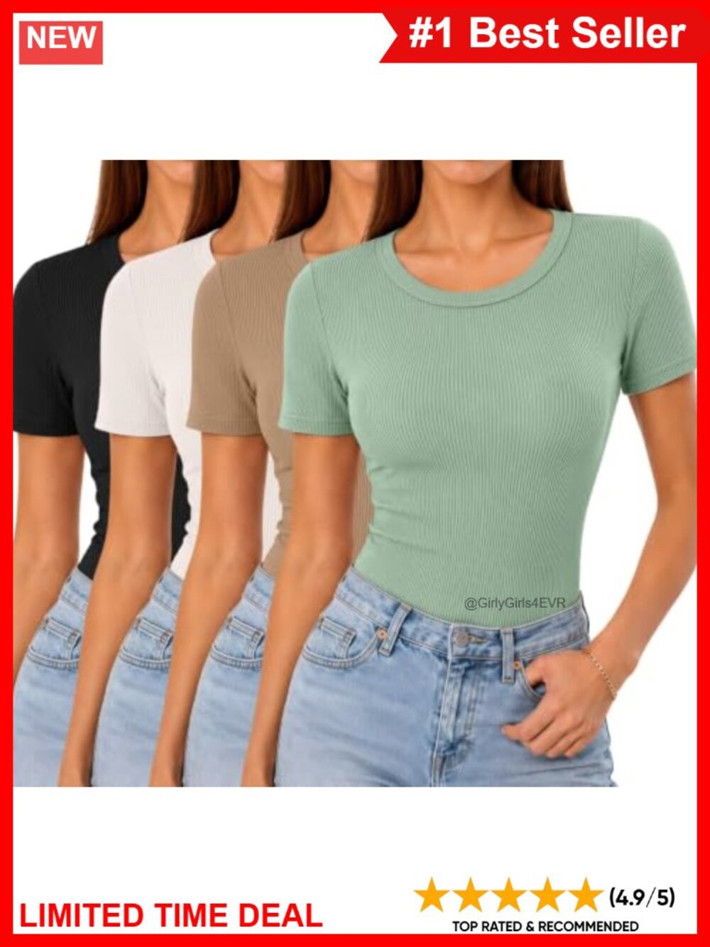 4 Pack Womens Ribbed Tops Short Sleeve Crew Neck T Shirts Slim Fit